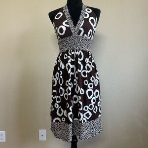 Maggy London dress women 2 polka dot summer halter sundress brown & white